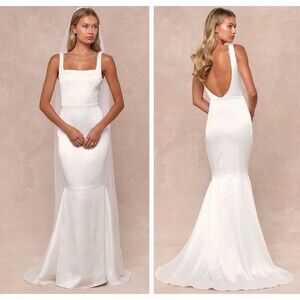 Lulus Luxe Loveliness White Satin Backless Mermaid Maxi Dress Size Small Bridal